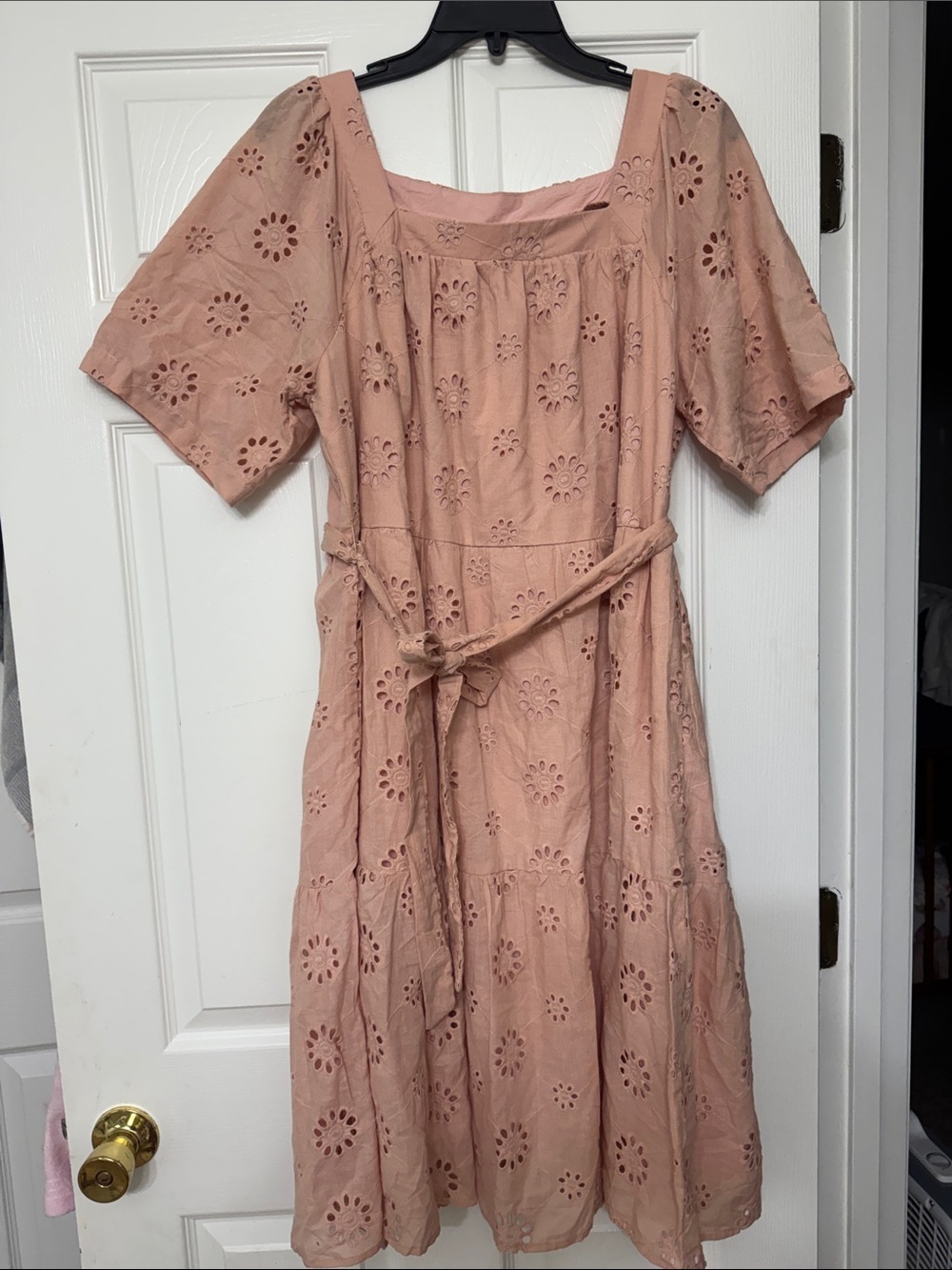 Square-Neck Eyelet Midi Dress with Tie Waist - Dusty Blush